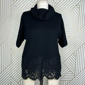 Ramy Brook Black Crochet Lace Hem Wool Turtleneck‎ Sweater Size US Medium